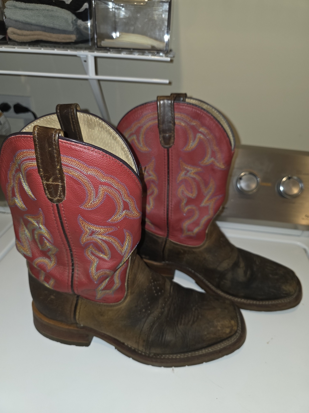 Double H Brown Leather Work Boots with Red Embroidered Shaft